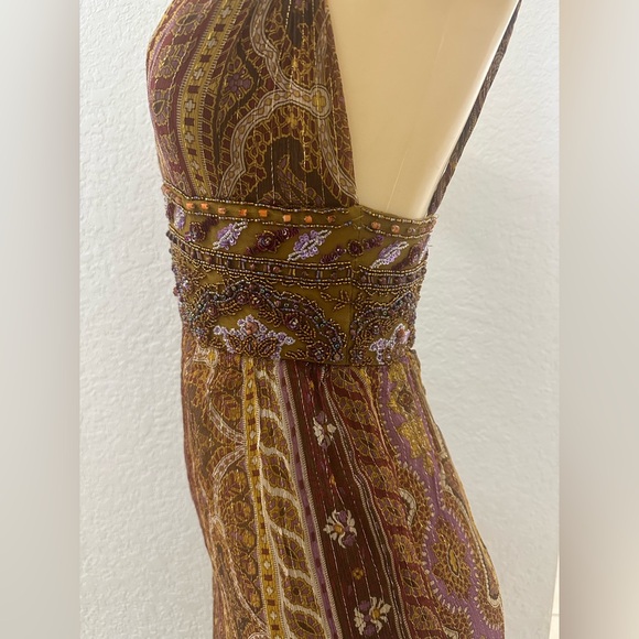 Y2K Vintage Boho Dolce Jovani Silk Beaded Front Slit Earth Tomes Size 4 Dress - Picture 6 of 16